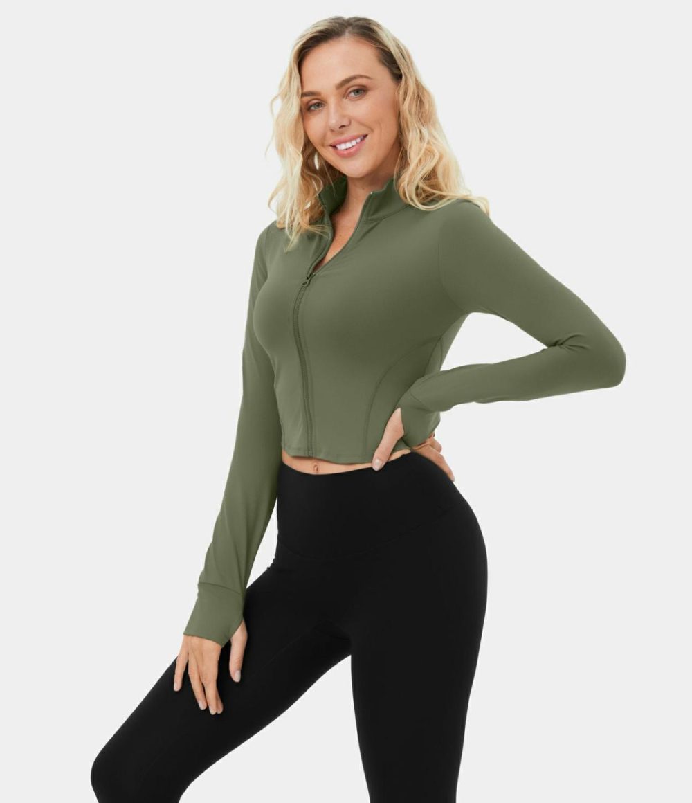 Mock Neck Zip Front Thumb Hole Cropped Golf Jacket  | Womens  Long Sleeve Tops Clothing Black/Wild Grass Green/White