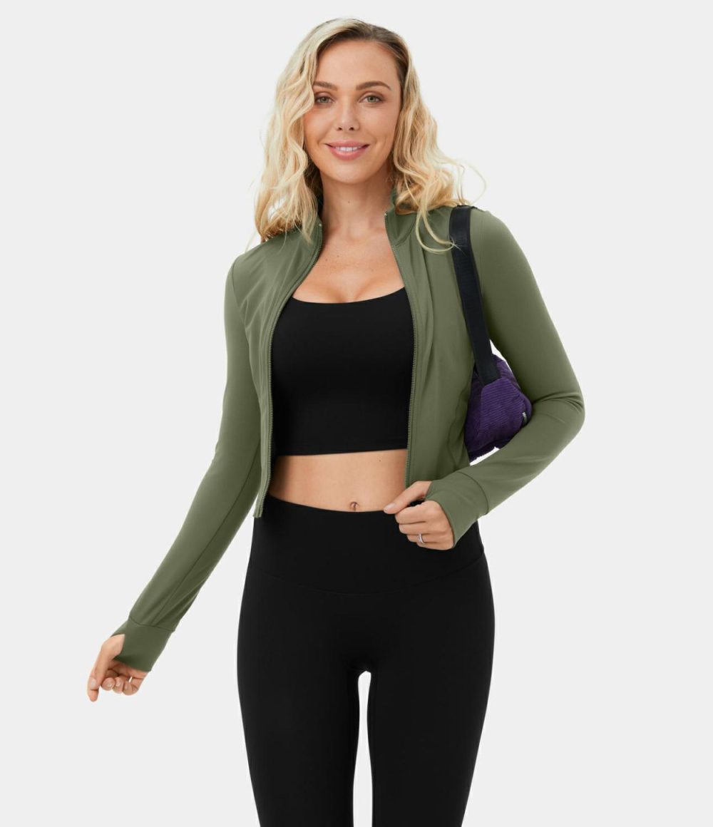 Mock Neck Zip Front Thumb Hole Cropped Golf Jacket  | Womens  Long Sleeve Tops Clothing Black/Wild Grass Green/White