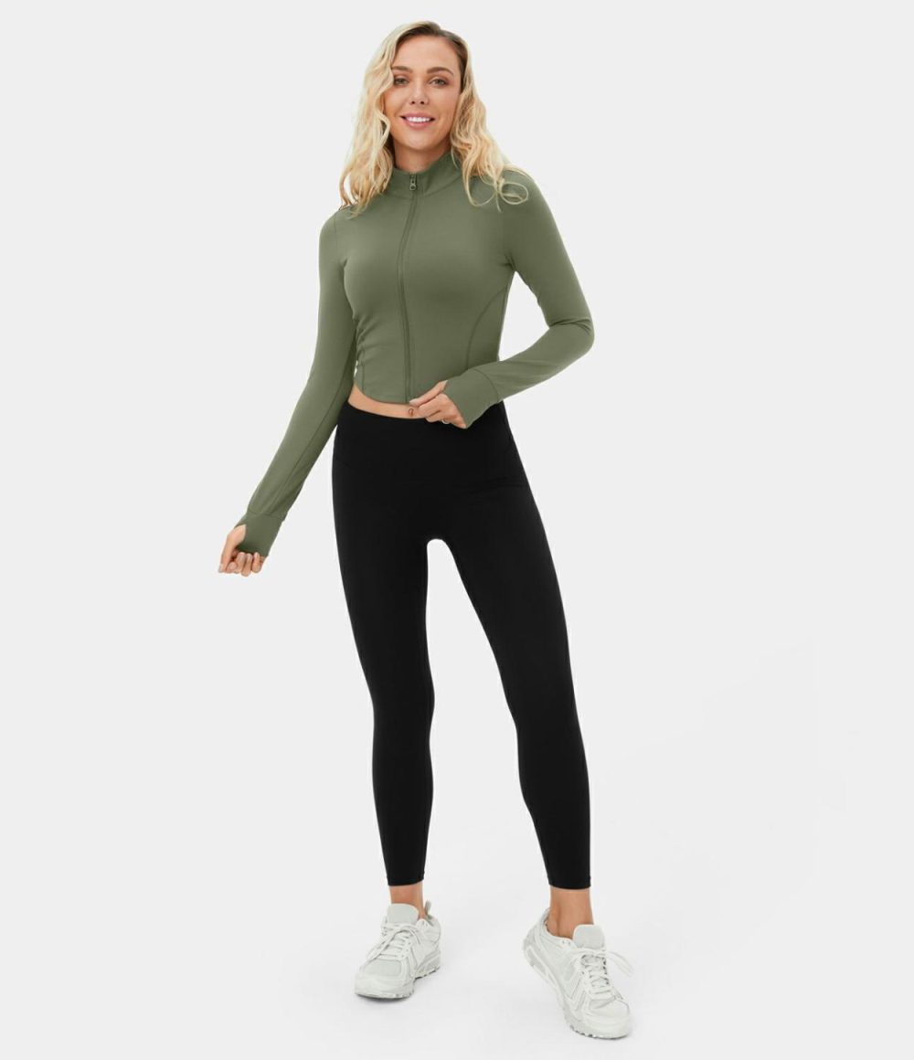 Mock Neck Zip Front Thumb Hole Cropped Golf Jacket  | Womens  Long Sleeve Tops Clothing Black/Wild Grass Green/White