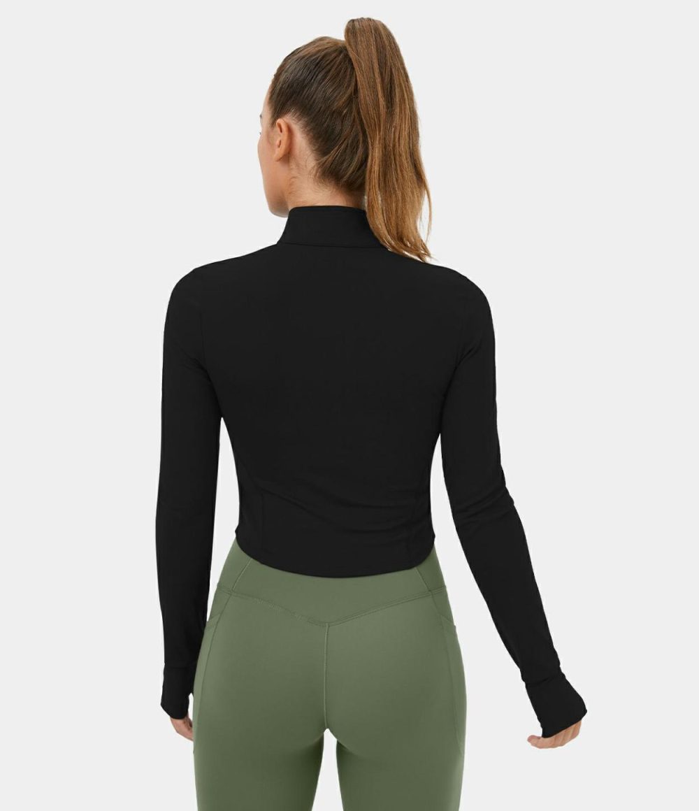 Mock Neck Zip Front Thumb Hole Cropped Golf Jacket  | Womens  Long Sleeve Tops Clothing Black/Wild Grass Green/White