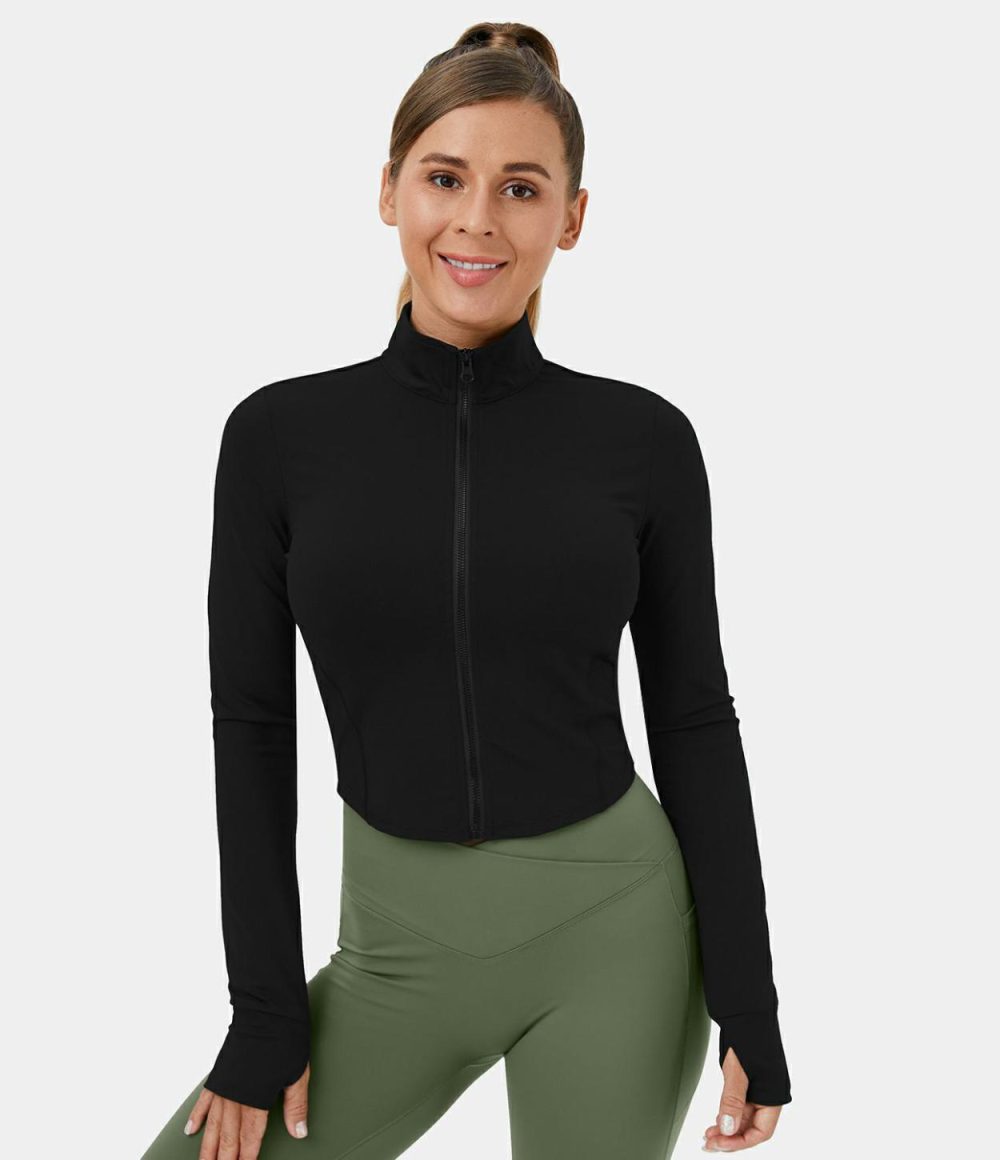 Mock Neck Zip Front Thumb Hole Cropped Golf Jacket  | Womens  Long Sleeve Tops Clothing Black/Wild Grass Green/White