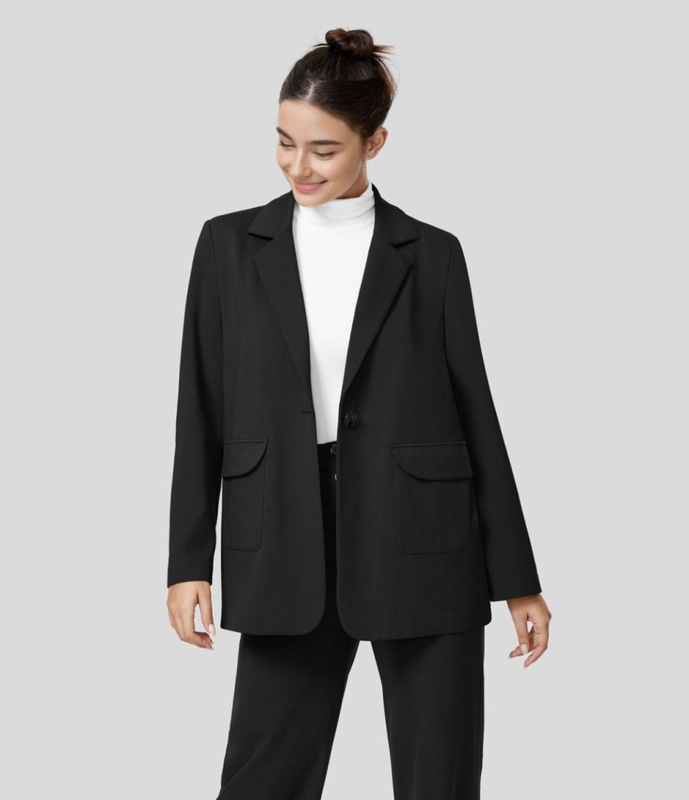 Notched Collar Shoulder Pads Button Side Pocket Work Blazer  | Womens  Long Sleeve Tops Clothing Black/Iron