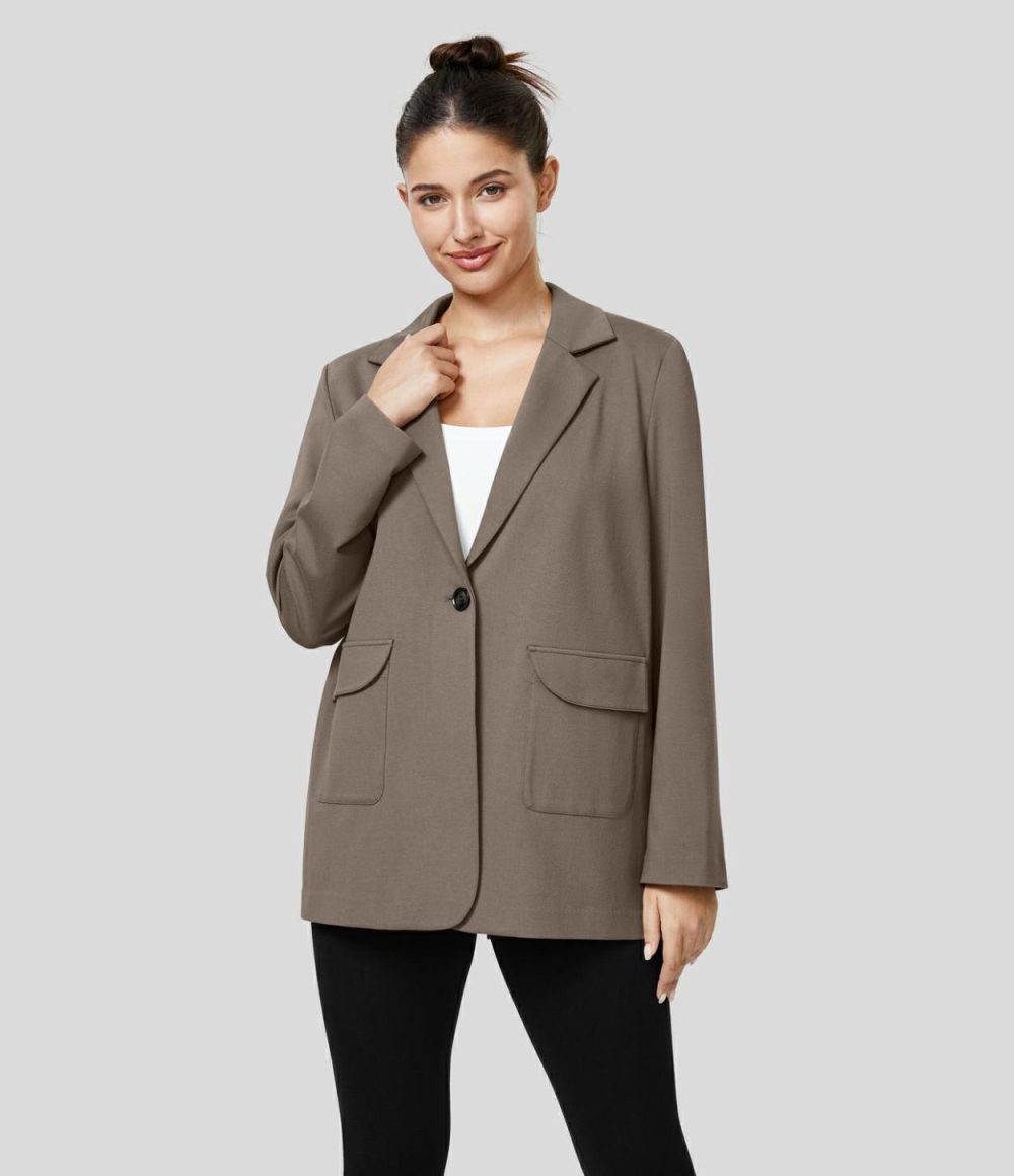 Notched Collar Shoulder Pads Button Side Pocket Work Blazer  | Womens  Long Sleeve Tops Clothing Black/Iron