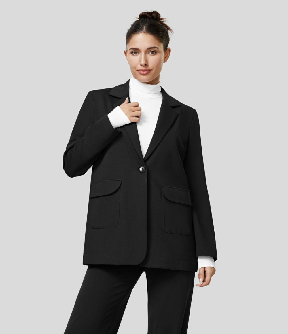 Notched Collar Shoulder Pads Button Side Pocket Work Blazer  | Womens  Long Sleeve Tops Clothing Black/Iron