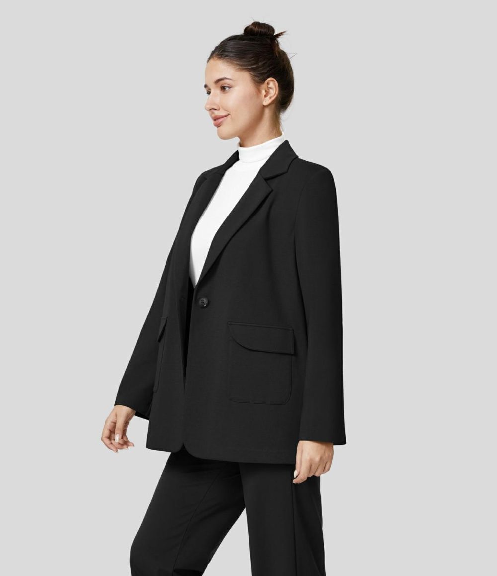 Notched Collar Shoulder Pads Button Side Pocket Work Blazer  | Womens  Long Sleeve Tops Clothing Black/Iron