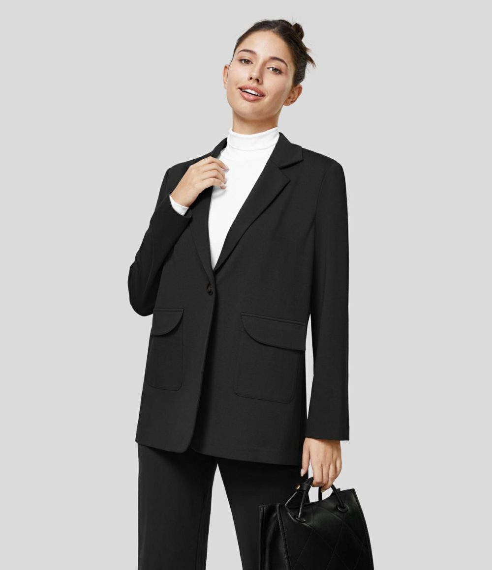 Notched Collar Shoulder Pads Button Side Pocket Work Blazer  | Womens  Long Sleeve Tops Clothing Black/Iron