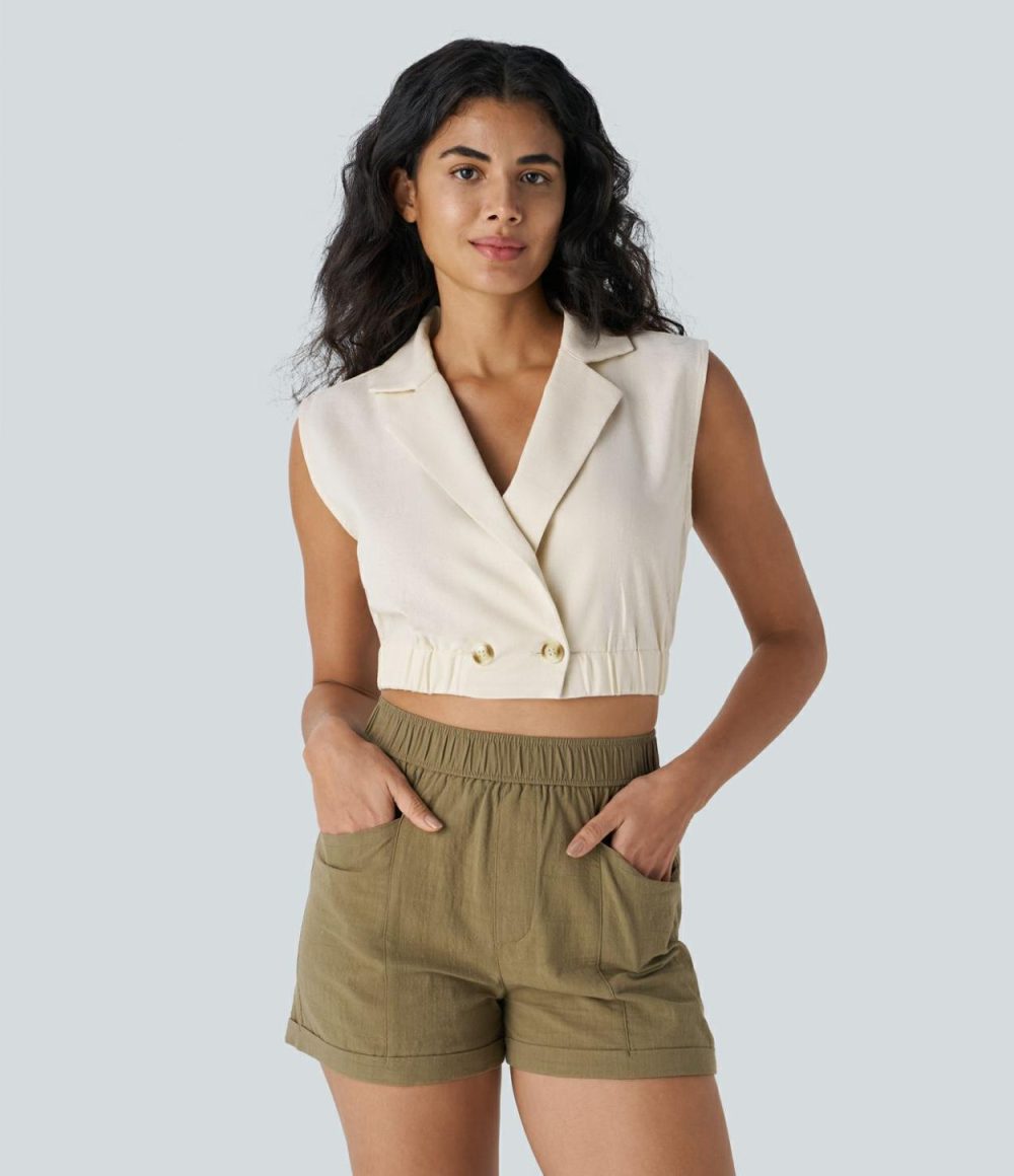 Notched Collar Sleeveless Button Cropped Linen-Blend Casual Vest  | Womens  Cropped Tops Clothing Cropped Tops