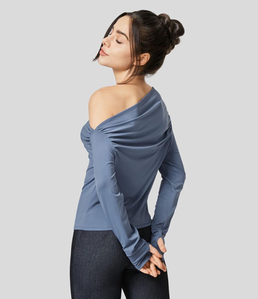 Off Shoulder Ruched Thumb Hole Casual Blouse  | Womens  Long Sleeve Tops Clothing Festival Bloom/Country Blue