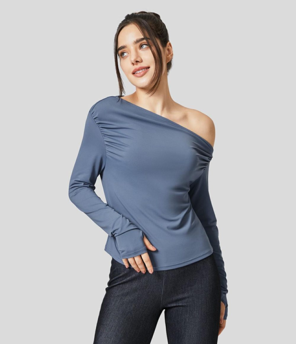 Off Shoulder Ruched Thumb Hole Casual Blouse  | Womens  Long Sleeve Tops Clothing Festival Bloom/Country Blue