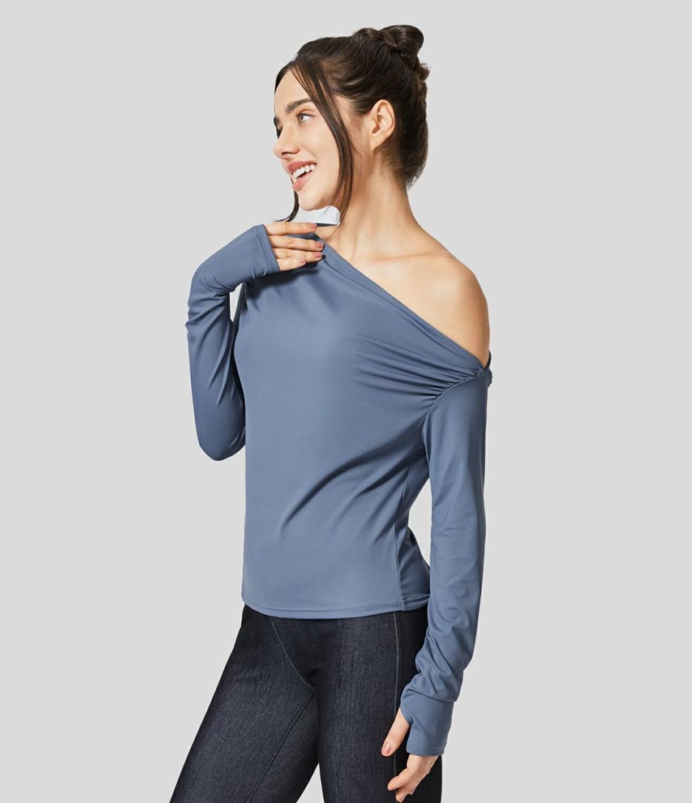 Off Shoulder Ruched Thumb Hole Casual Blouse  | Womens  Long Sleeve Tops Clothing Festival Bloom/Country Blue