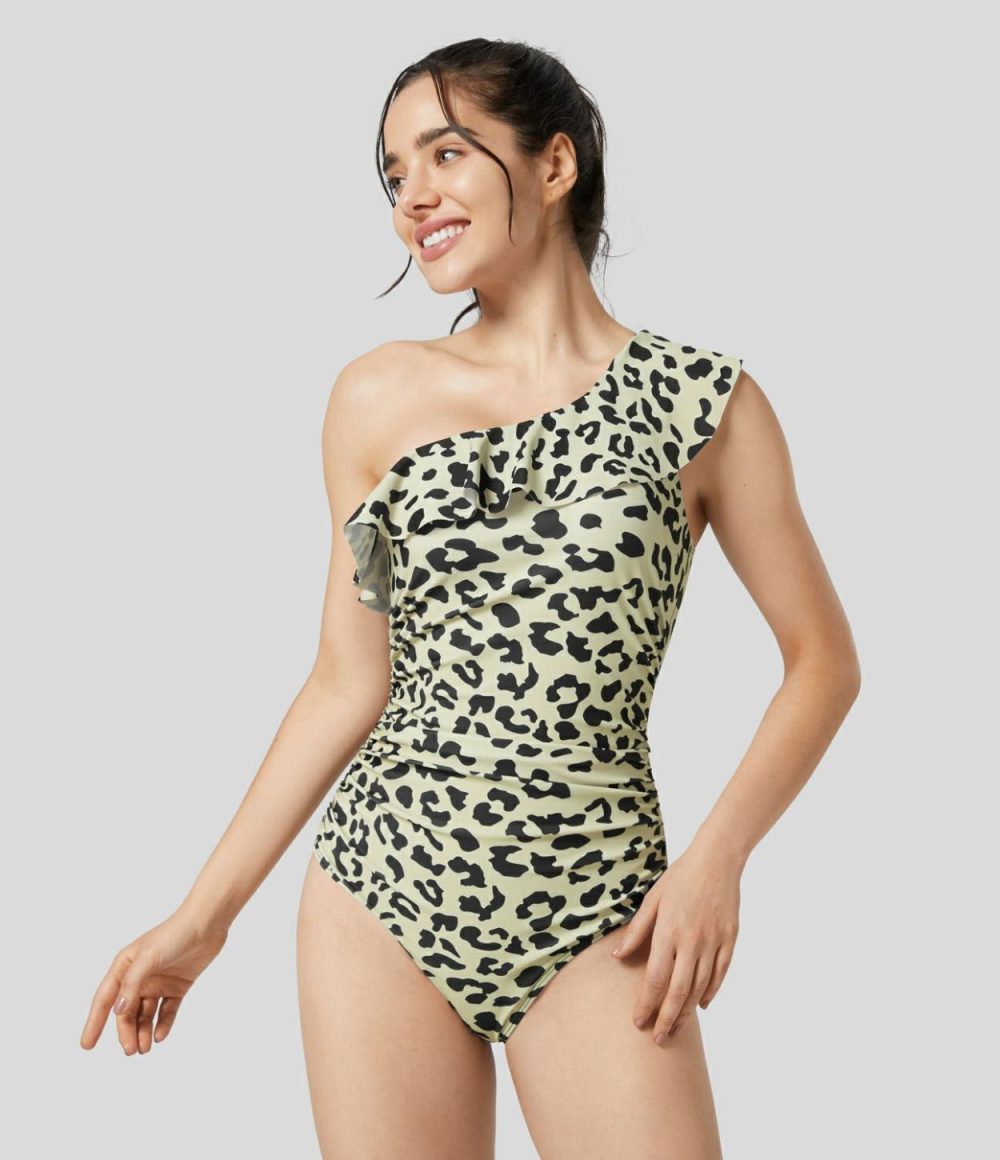 One Shoulder Ruffle Backless Leopard Print One Piece Swimsuit  | Womens  Swimwear Sets Clothing Black Yellow Leopard Print