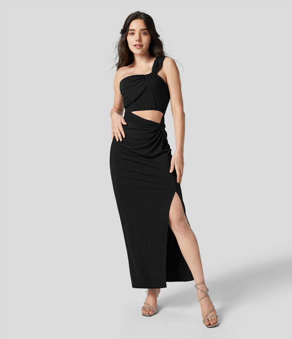 One Shoulder Twisted Cut Out Backless Split Maxi Party Dress  | Womens  Party Dresses Clothing Evergreen/Black