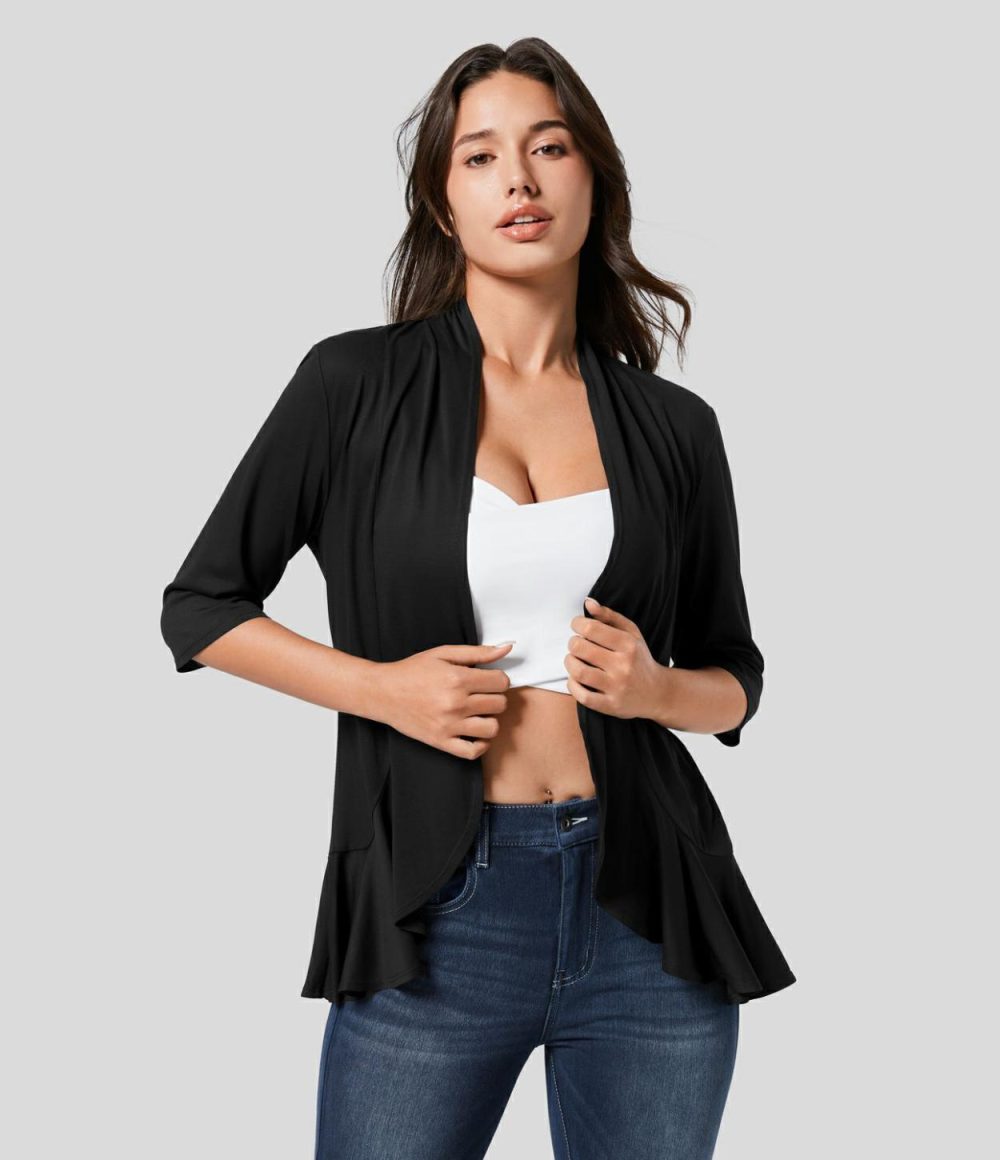 Open Front 3/4 Sleeve Ruffle Hem High Low Casual Coat  | Womens  Long Sleeve Tops Clothing Black/White