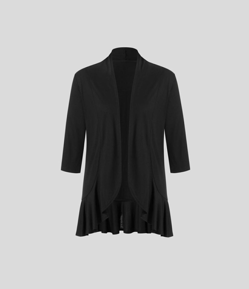 Open Front 3/4 Sleeve Ruffle Hem High Low Casual Coat  | Womens  Long Sleeve Tops Clothing Black/White