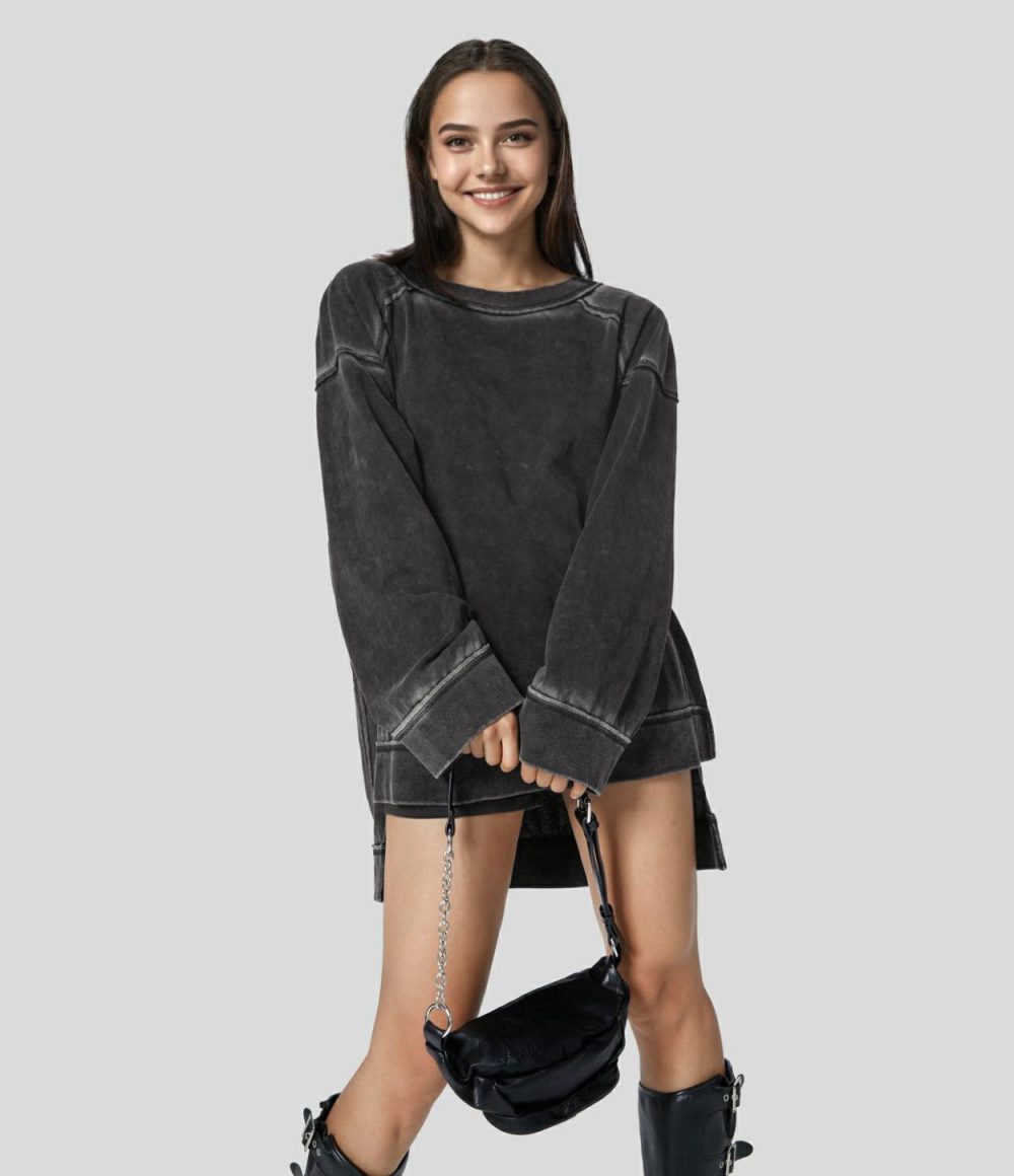 Oversize Split High Low Washed Casual Cotton Sweatshirt  | Womens  Long Sleeve Tops Clothing Black