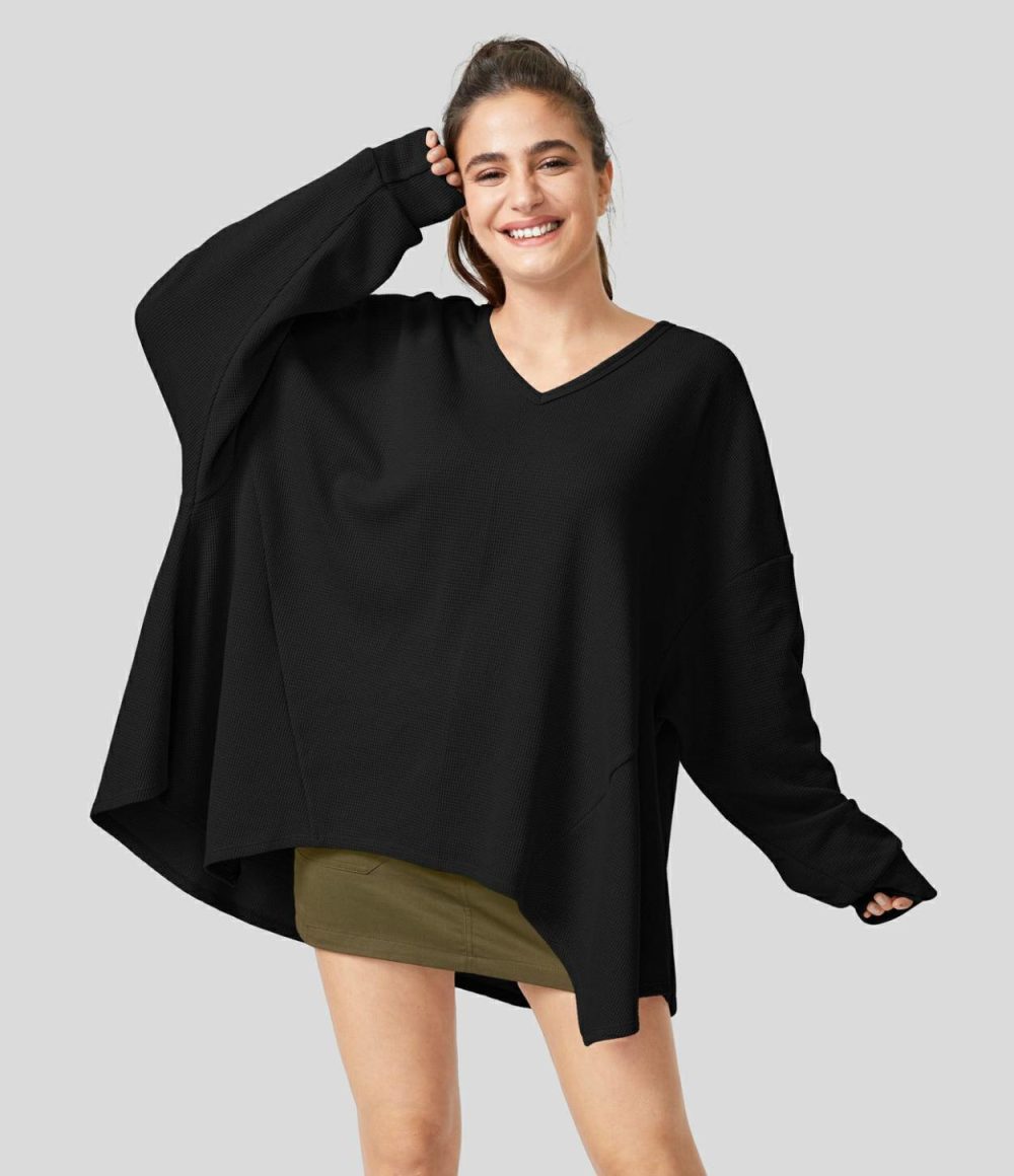 Oversize V Neck Long Sleeve Asymmetric Hem Waffle Casual Cotton Sweatshirt  | Womens  Long Sleeve Tops Clothing Black/Begonia Pink