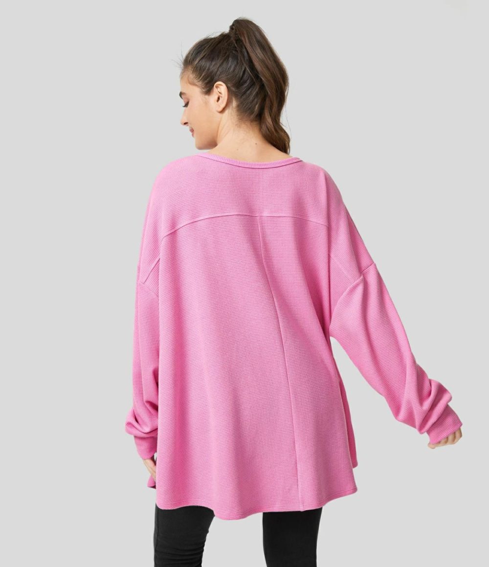 Oversize V Neck Long Sleeve Asymmetric Hem Waffle Casual Cotton Sweatshirt  | Womens  Long Sleeve Tops Clothing Black/Begonia Pink