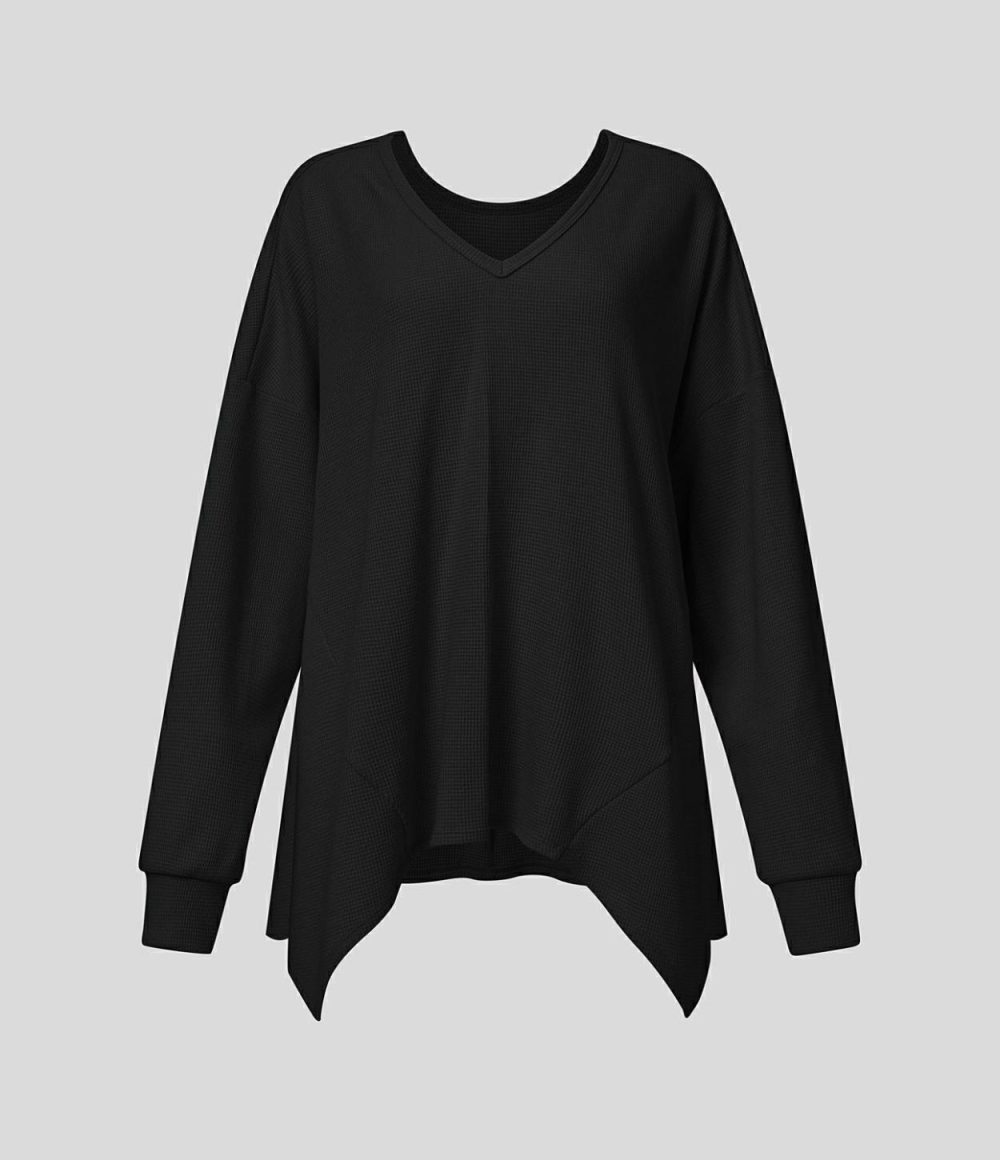 Oversize V Neck Long Sleeve Asymmetric Hem Waffle Casual Cotton Sweatshirt  | Womens  Long Sleeve Tops Clothing Black/Begonia Pink