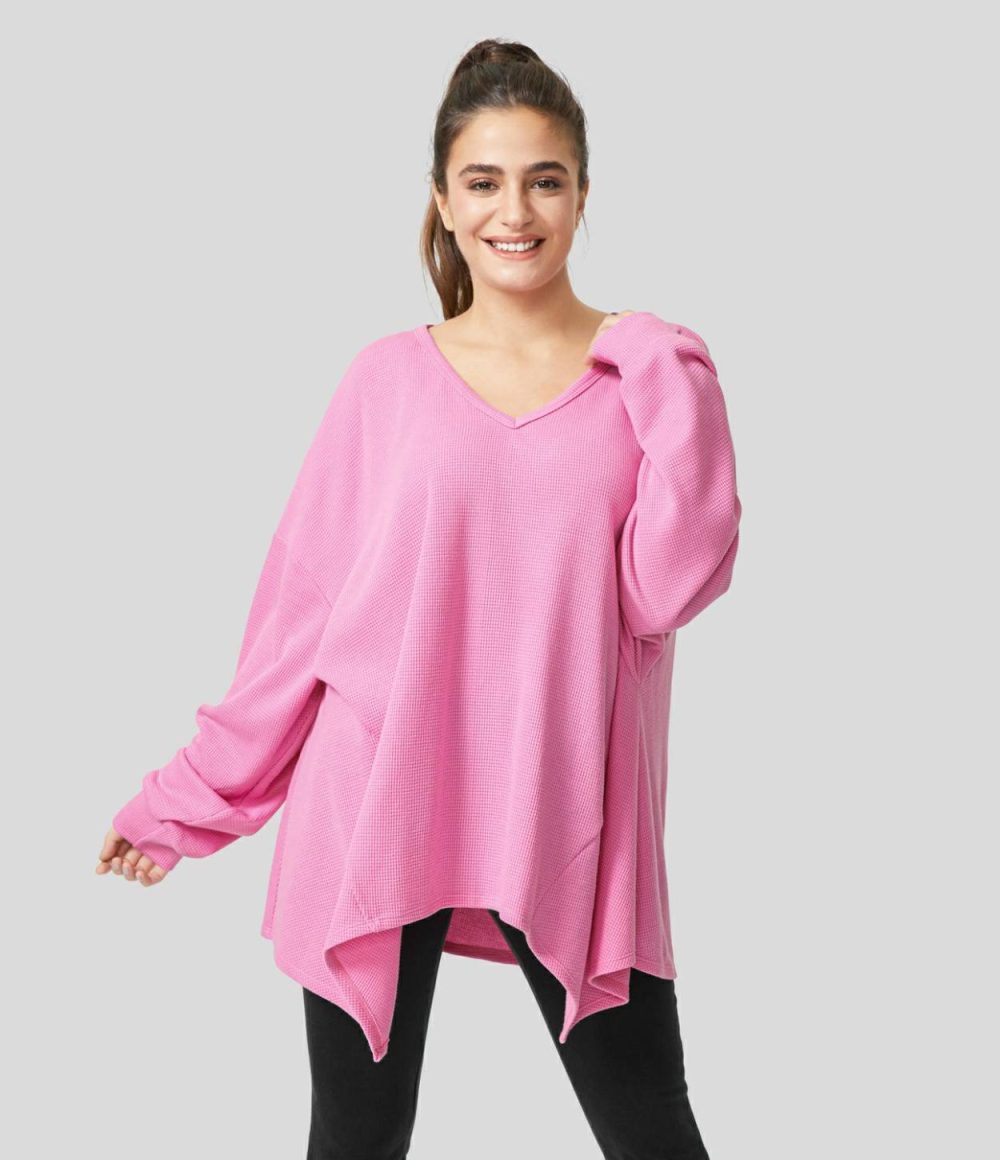 Oversize V Neck Long Sleeve Asymmetric Hem Waffle Casual Cotton Sweatshirt  | Womens  Long Sleeve Tops Clothing Black/Begonia Pink