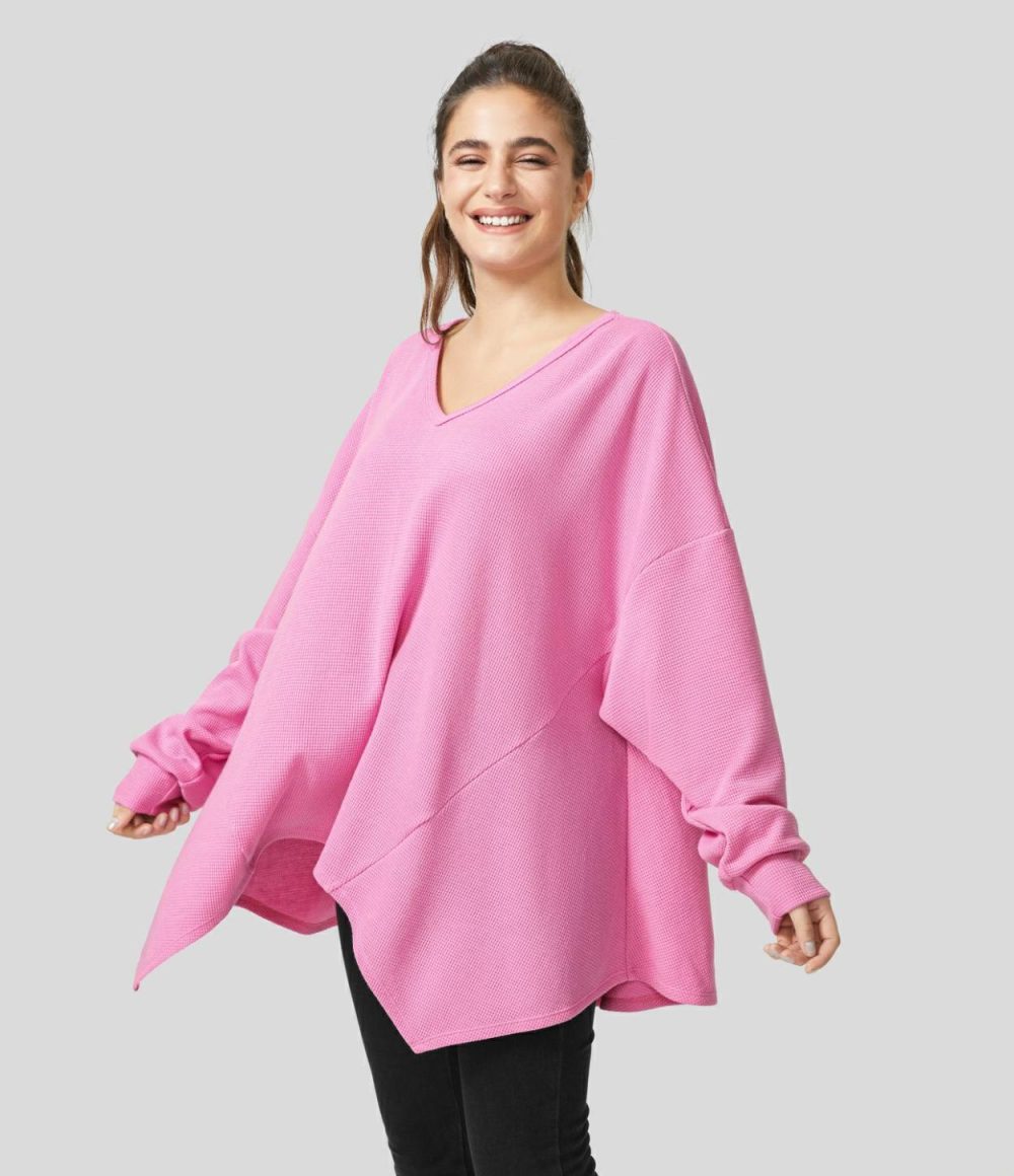 Oversize V Neck Long Sleeve Asymmetric Hem Waffle Casual Cotton Sweatshirt  | Womens  Long Sleeve Tops Clothing Black/Begonia Pink