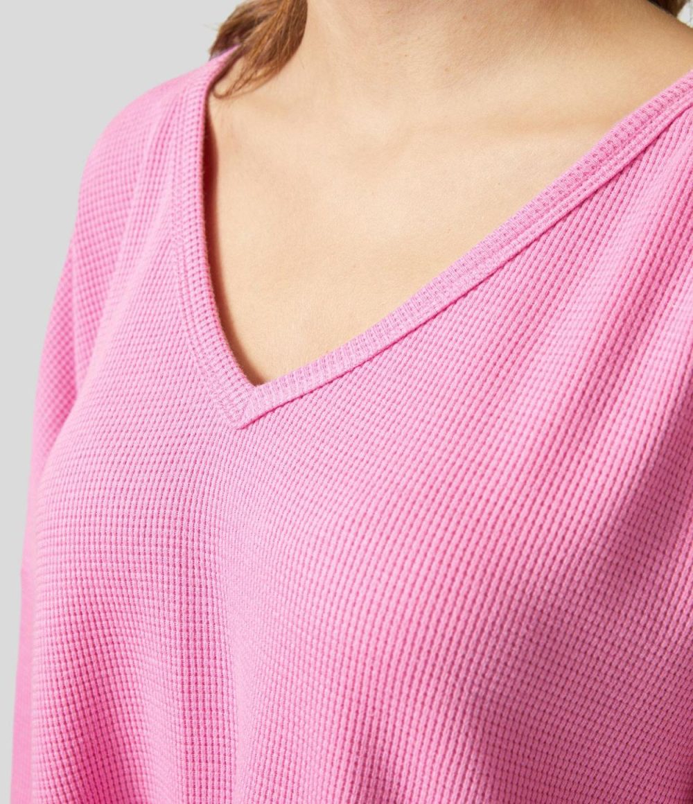 Oversize V Neck Long Sleeve Asymmetric Hem Waffle Casual Cotton Sweatshirt  | Womens  Long Sleeve Tops Clothing Black/Begonia Pink