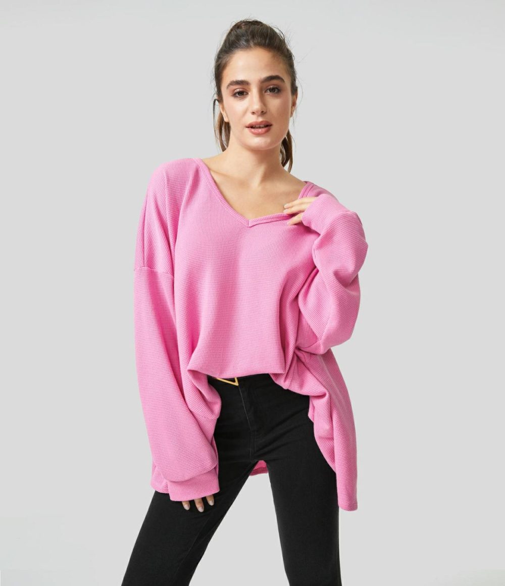 Oversize V Neck Long Sleeve Asymmetric Hem Waffle Casual Cotton Sweatshirt  | Womens  Long Sleeve Tops Clothing Black/Begonia Pink