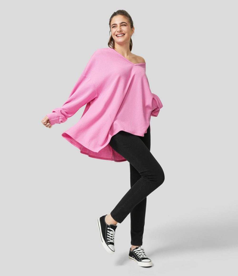 Oversize V Neck Long Sleeve Asymmetric Hem Waffle Casual Cotton Sweatshirt  | Womens  Long Sleeve Tops Clothing Black/Begonia Pink