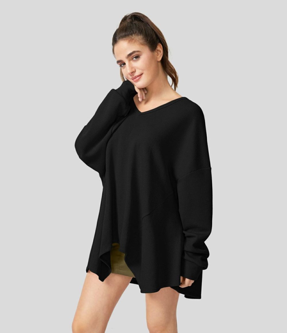 Oversize V Neck Long Sleeve Asymmetric Hem Waffle Casual Cotton Sweatshirt  | Womens  Long Sleeve Tops Clothing Black/Begonia Pink