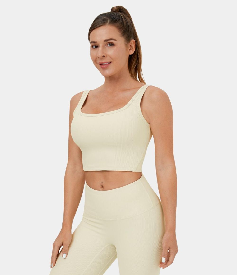 Padded Ribbed Knit Active Cropped Tank Top  | Womens  Cropped Tops Clothing Cropped Tops