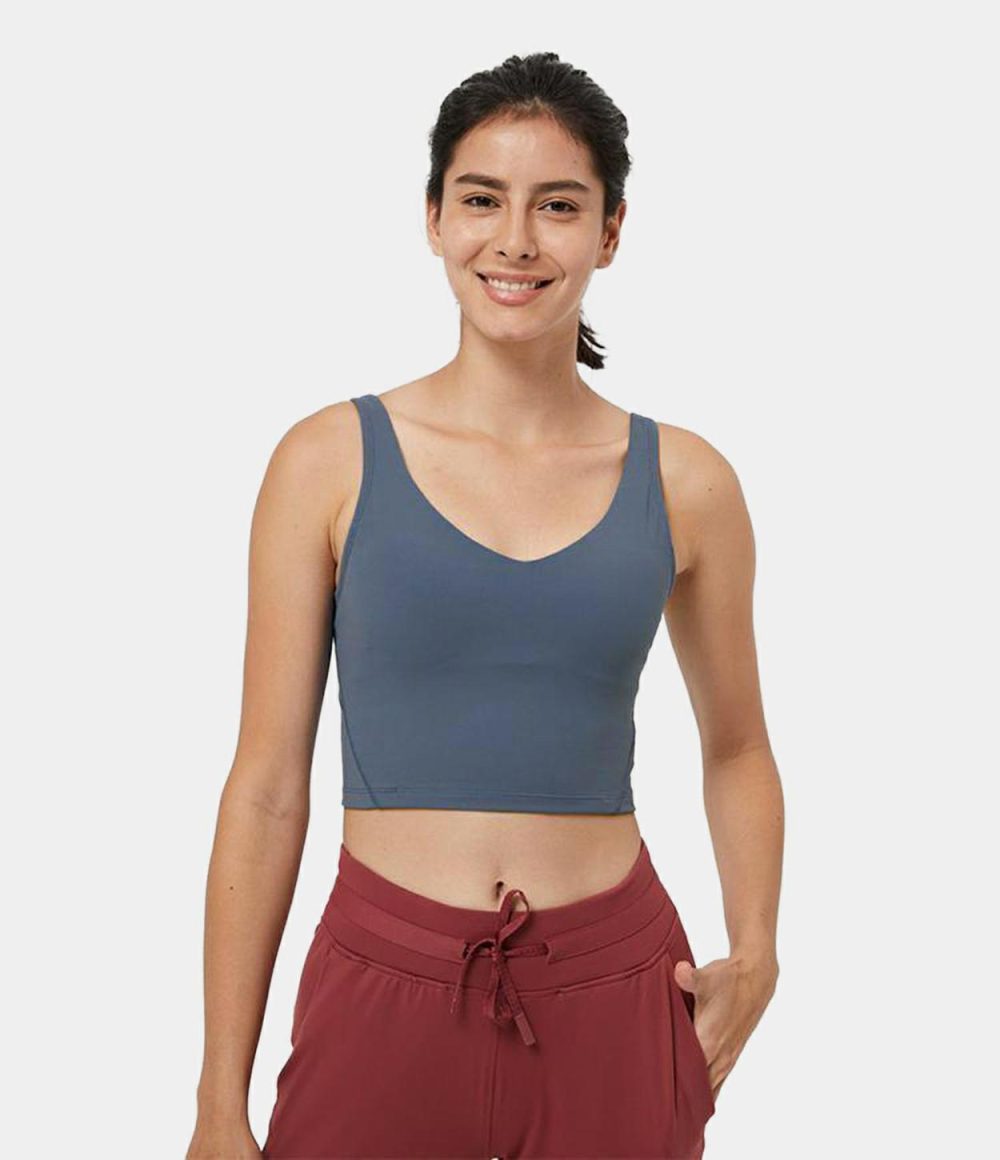 Padded V Neck Cropped Yoga Tank Top  | Womens  Cropped Tops Clothing Black/Moss Green/Smoke Blue/White/Green Bay/Dazzling Blue/Malaga/Pink Frosting