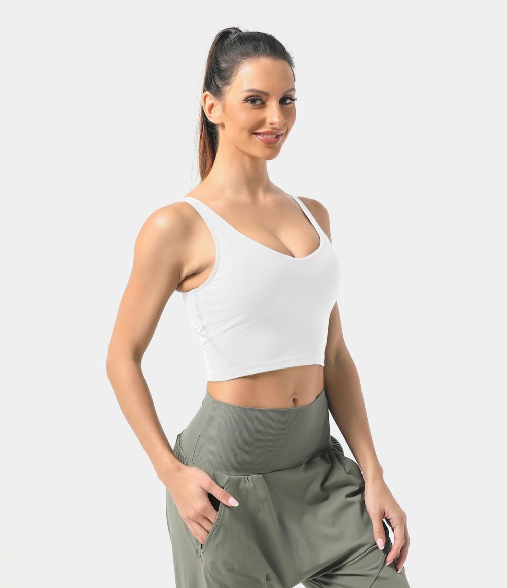 Padded V Neck Cropped Yoga Tank Top  | Womens  Cropped Tops Clothing Black/Moss Green/Smoke Blue/White/Green Bay/Dazzling Blue/Malaga/Pink Frosting