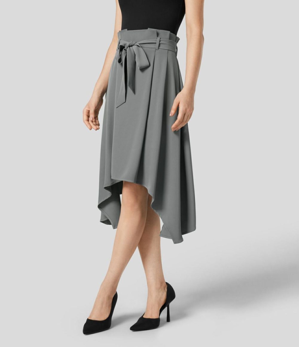 Paper Bag High Waisted Belted Side Pocket Hanky Hem Midi Work Skirt  | Womens  Commuting Skirts Clothing Commuting Skirts