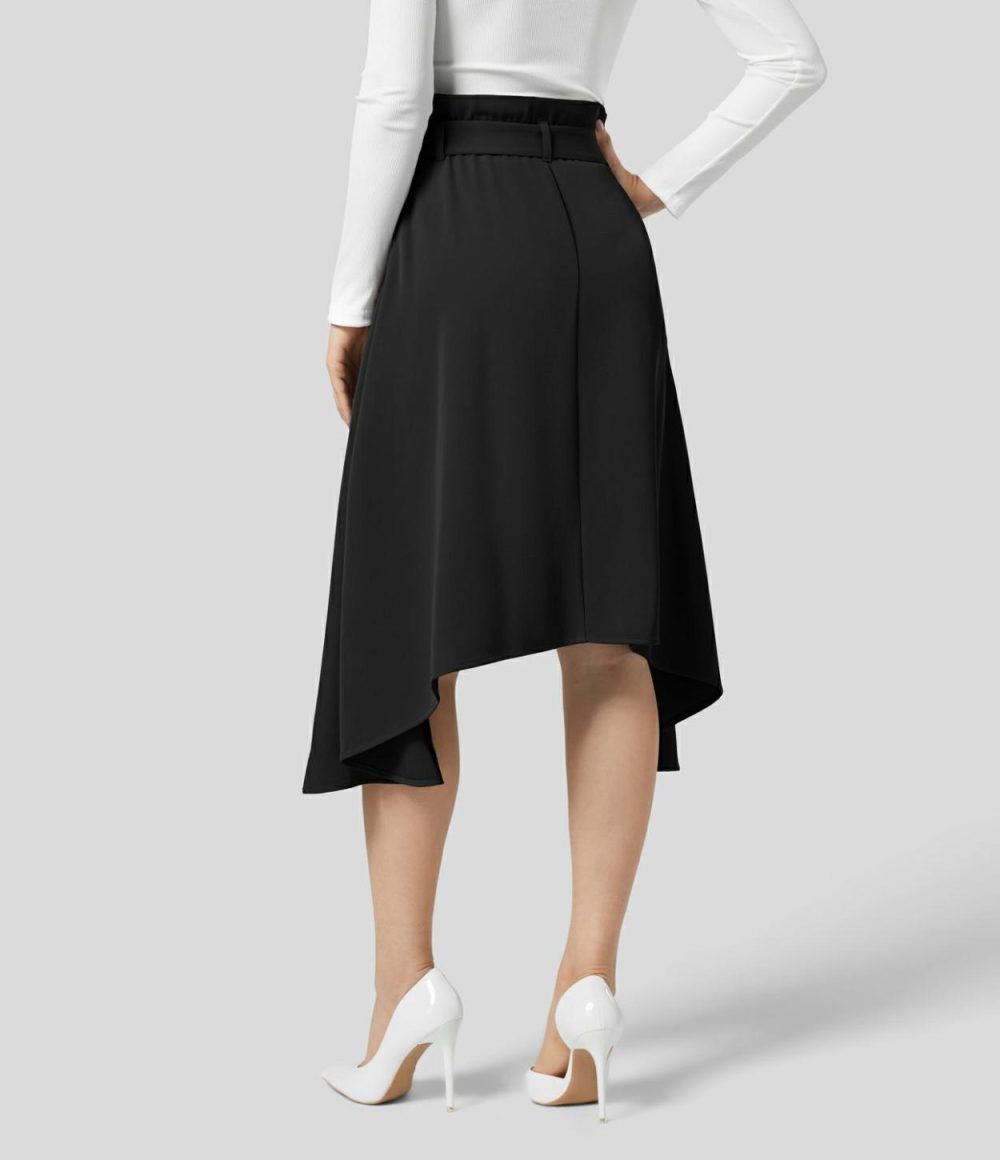 Paper Bag High Waisted Belted Side Pocket Hanky Hem Midi Work Skirt  | Womens  Commuting Skirts Clothing Commuting Skirts