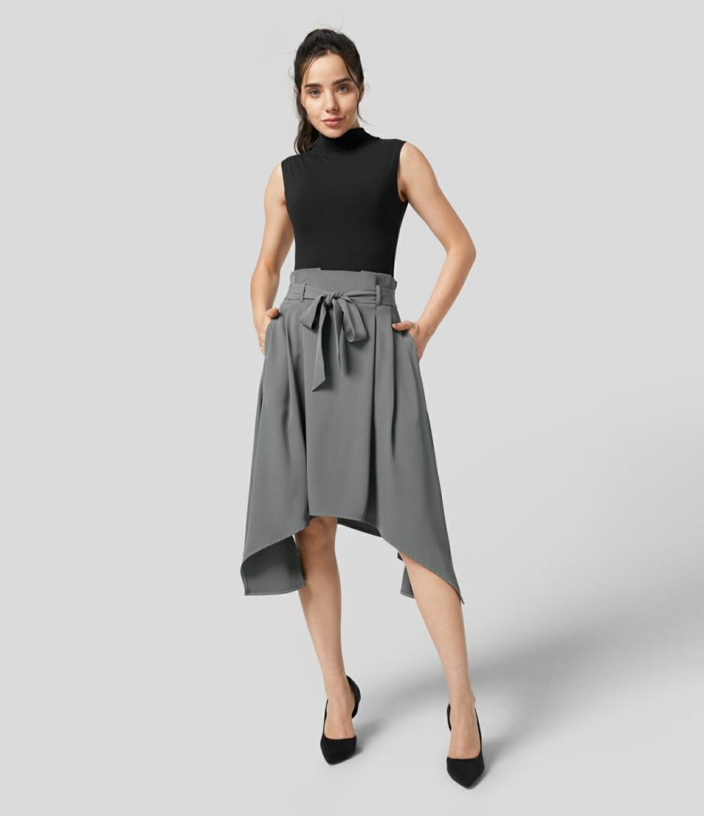 Paper Bag High Waisted Belted Side Pocket Hanky Hem Midi Work Skirt  | Womens  Commuting Skirts Clothing Commuting Skirts