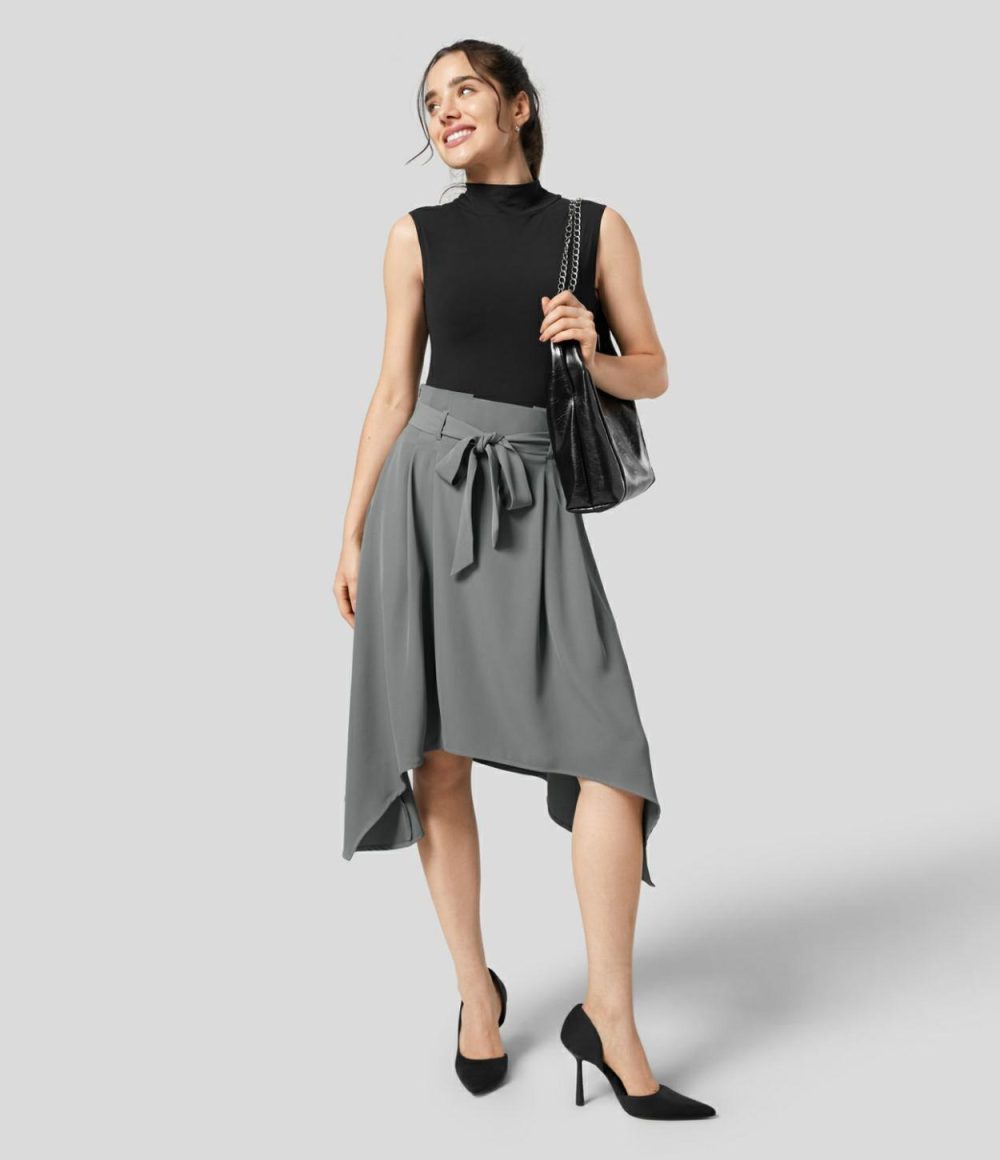 Paper Bag High Waisted Belted Side Pocket Hanky Hem Midi Work Skirt  | Womens  Commuting Skirts Clothing Commuting Skirts