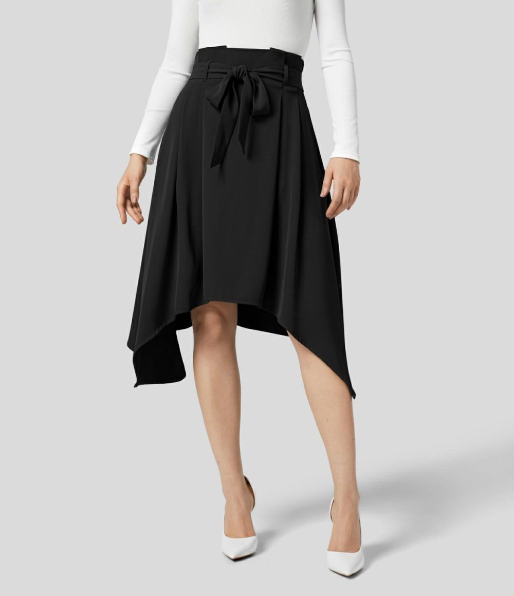 Paper Bag High Waisted Belted Side Pocket Hanky Hem Midi Work Skirt  | Womens  Commuting Skirts Clothing Commuting Skirts