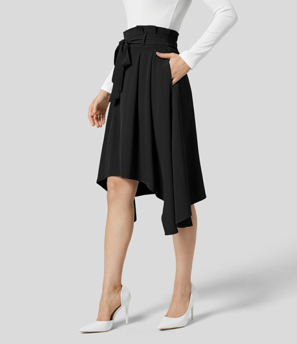 Paper Bag High Waisted Belted Side Pocket Hanky Hem Midi Work Skirt  | Womens  Commuting Skirts Clothing Commuting Skirts