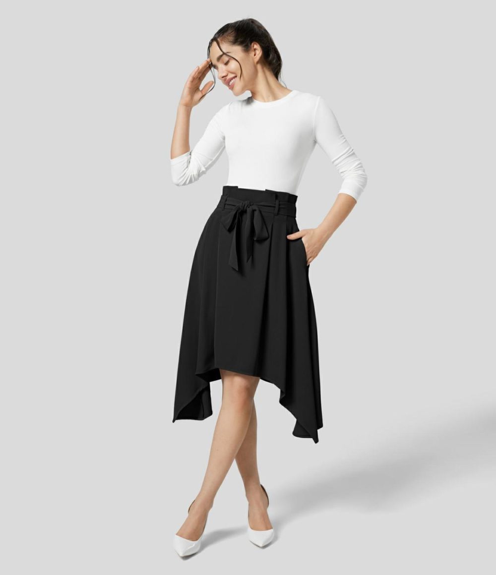 Paper Bag High Waisted Belted Side Pocket Hanky Hem Midi Work Skirt  | Womens  Commuting Skirts Clothing Commuting Skirts