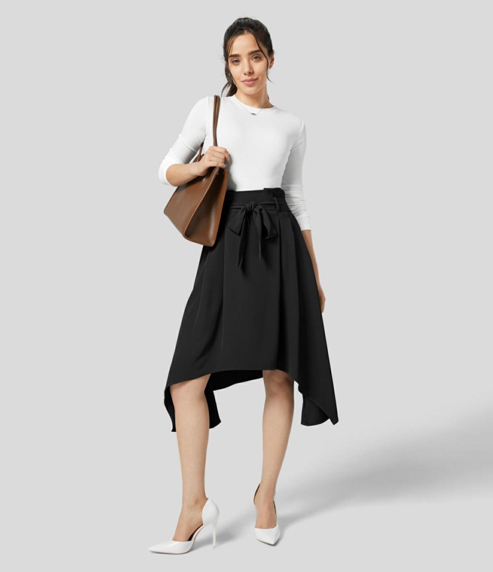 Paper Bag High Waisted Belted Side Pocket Hanky Hem Midi Work Skirt  | Womens  Commuting Skirts Clothing Commuting Skirts