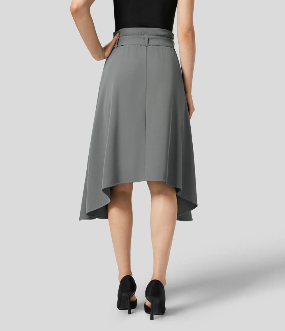 Paper Bag High Waisted Belted Side Pocket Hanky Hem Midi Work Skirt  | Womens  Commuting Skirts Clothing Commuting Skirts