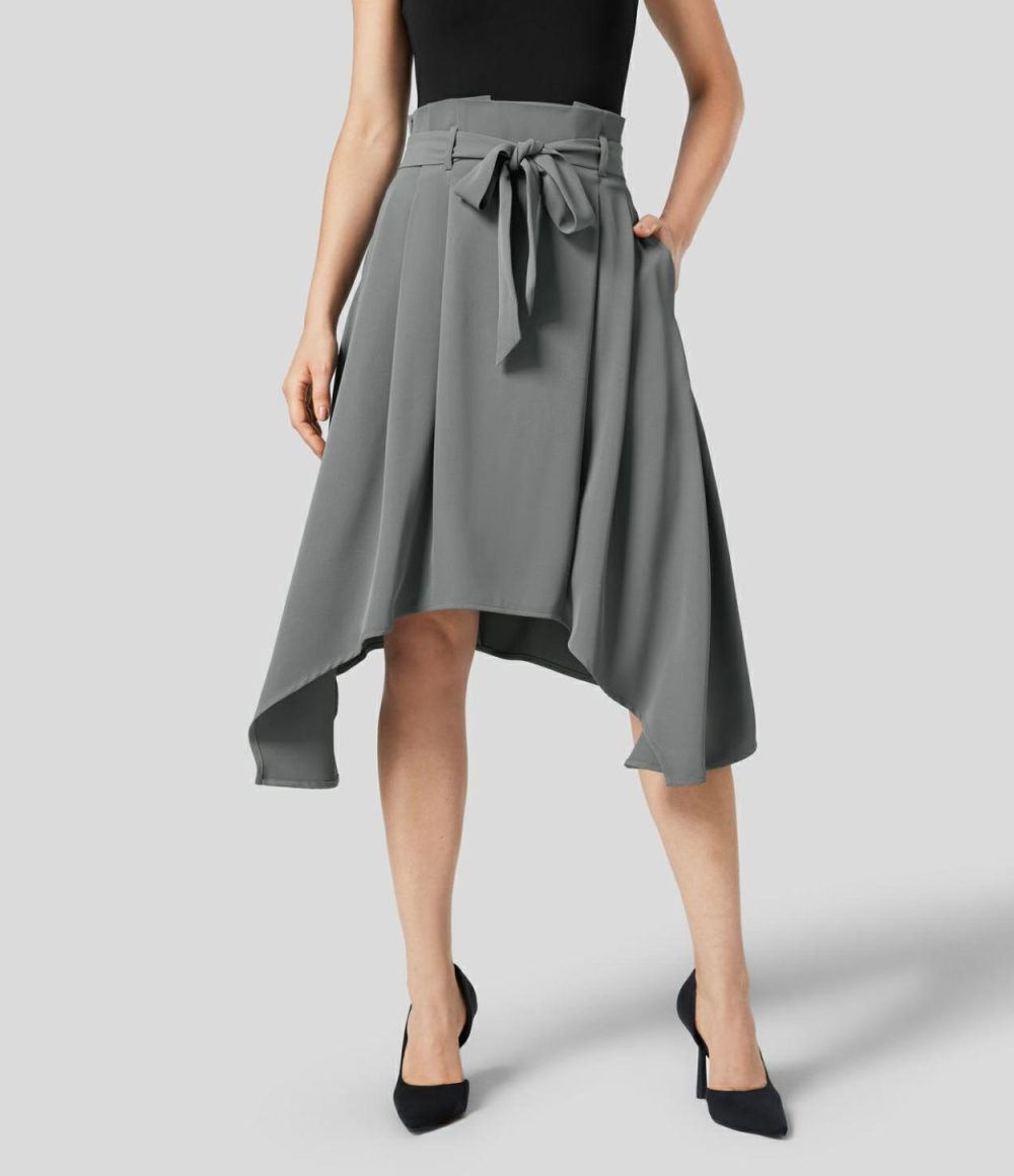 Paper Bag High Waisted Belted Side Pocket Hanky Hem Midi Work Skirt  | Womens  Commuting Skirts Clothing Commuting Skirts