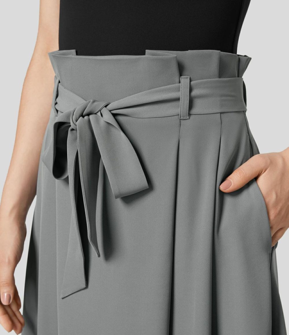 Paper Bag High Waisted Belted Side Pocket Hanky Hem Midi Work Skirt  | Womens  Commuting Skirts Clothing Commuting Skirts