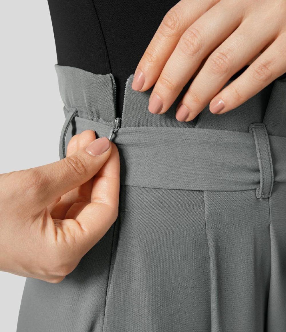 Paper Bag High Waisted Belted Side Pocket Hanky Hem Midi Work Skirt  | Womens  Commuting Skirts Clothing Commuting Skirts