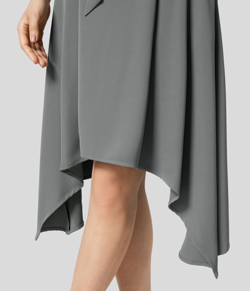 Paper Bag High Waisted Belted Side Pocket Hanky Hem Midi Work Skirt  | Womens  Commuting Skirts Clothing Commuting Skirts