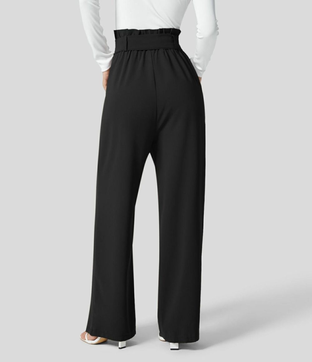 Paper Bag High Waisted Belted Side Pocket Wide Leg Work Suit Pants  | Womens  Active Work Pants Active Work Pants Active Work Pants