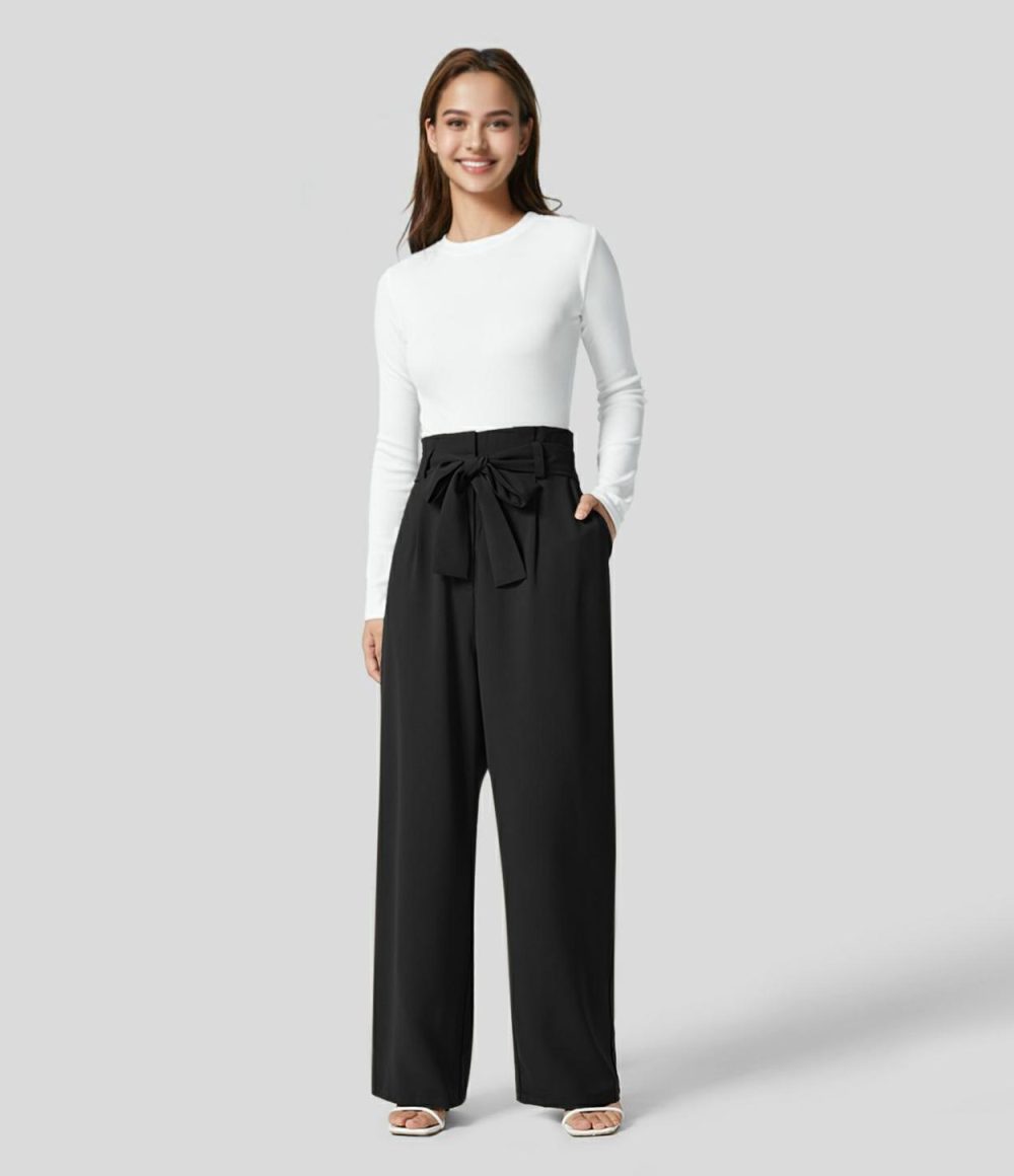 Paper Bag High Waisted Belted Side Pocket Wide Leg Work Suit Pants  | Womens  Active Work Pants Active Work Pants Active Work Pants