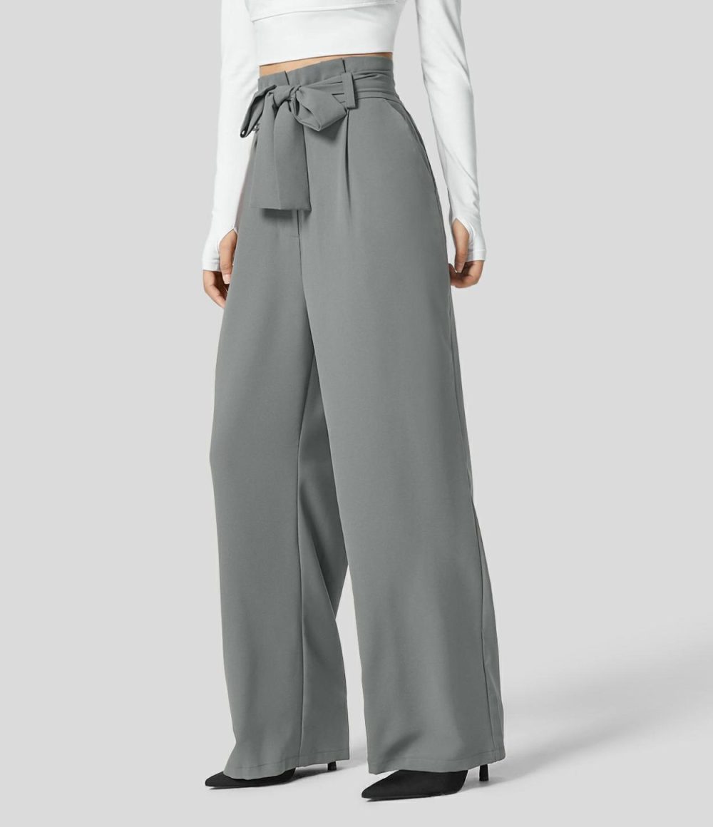 Paper Bag High Waisted Belted Side Pocket Wide Leg Work Suit Pants  | Womens  Active Work Pants Active Work Pants Active Work Pants