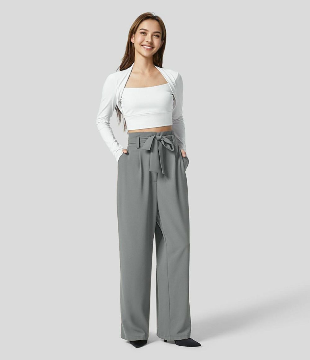 Paper Bag High Waisted Belted Side Pocket Wide Leg Work Suit Pants  | Womens  Active Work Pants Active Work Pants Active Work Pants