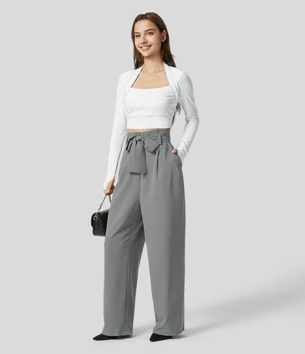 Paper Bag High Waisted Belted Side Pocket Wide Leg Work Suit Pants  | Womens  Active Work Pants Active Work Pants Active Work Pants