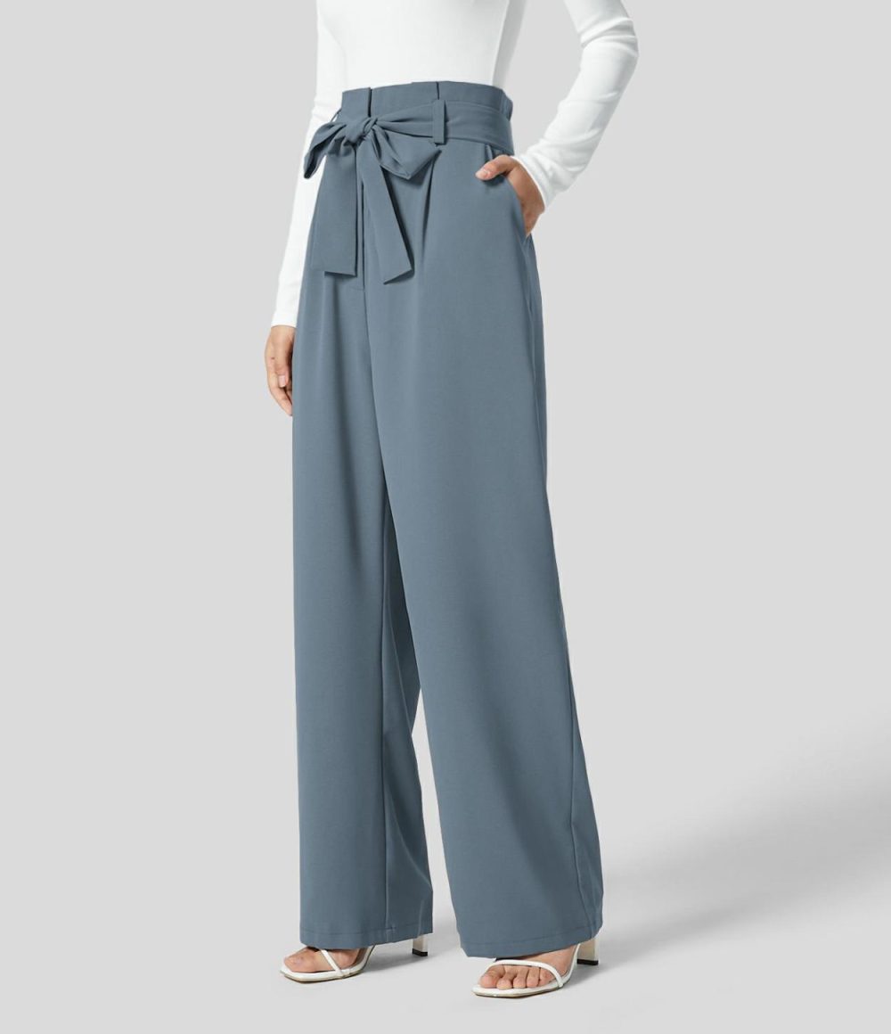 Paper Bag High Waisted Belted Side Pocket Wide Leg Work Suit Pants  | Womens  Active Work Pants Active Work Pants Active Work Pants